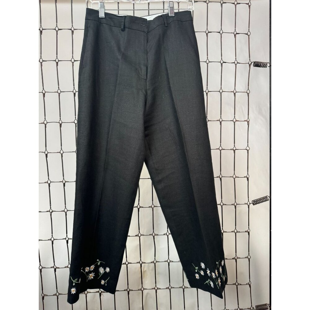 Black Linen Pants With Daisy Embroidery By Deane & White Size 6